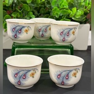 Set of 5 Snow Bone China Made in Korea Peacock Feather & Flower Tea Cups